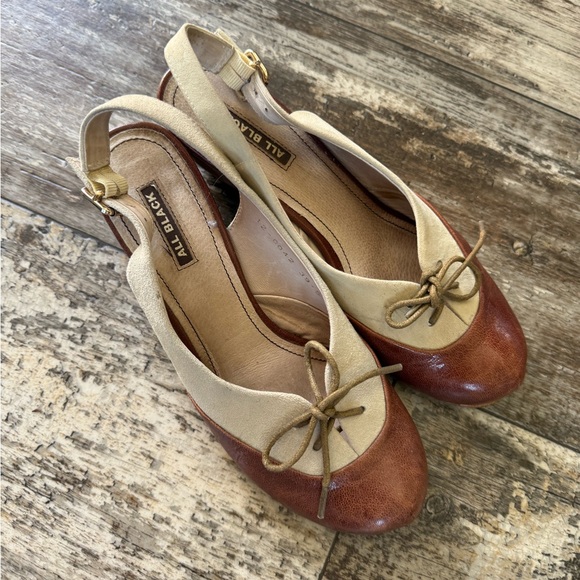 Vintage All black tan brown leather round toe sling back low heels (39.5) - Picture 4 of 8
